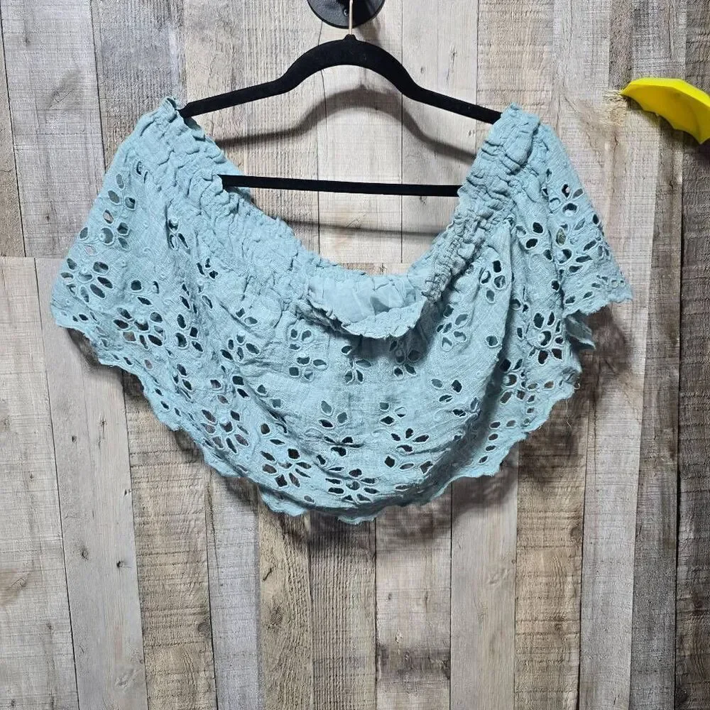 Free People FP One Perla Off-Shoulder Crop Top Light Teal Boho Festival Femme